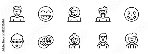 Happy Diverse People and Emoji Icons: Line Art Style, Positive Mood, Flat Design, Vector Illustration Set for Social Media, Website, App, and Branding.