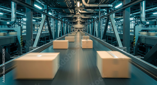 Automated logistics: Boxes moving on a conveyor belt in a modern distribution center showing