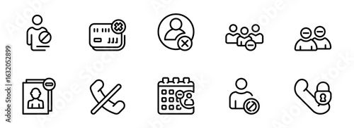 Account Deletion Icons:  Modern Line Art Graphics for Website, App, and UI Design, Depicting User Removal, Blocked Calls, Cancelled Appointments, and Payment Card Rejection.