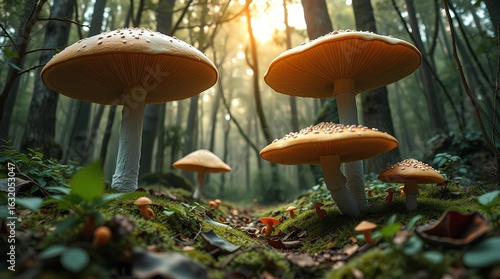 Mystical Forest Fungi: a picturesque view of fungi growing in a mystical forest, the warm light filtered through the canopy, creating a magical atmosphere.