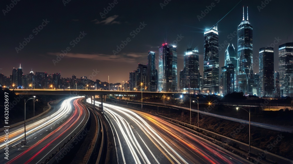 Fototapeta premium Night Cityscape with Light Trails on Highway