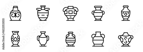 Collection of twelve line art amphora and vase icons; ancient Greek pottery; minimalist black and white design;  historical, cultural, and decorative elements.