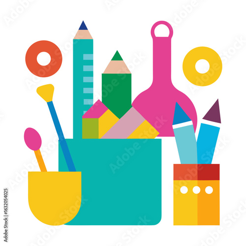 Colorful art supplies in a modern flat design