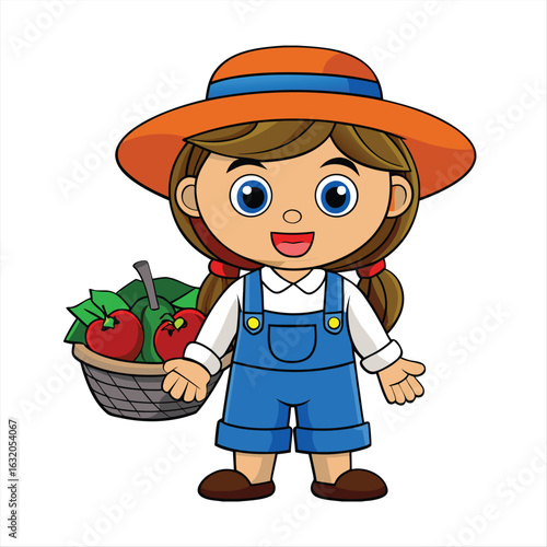 Cute cartoon girl farmer holding a basket of apples, smiling in overalls and wide-brimmed hat on white background