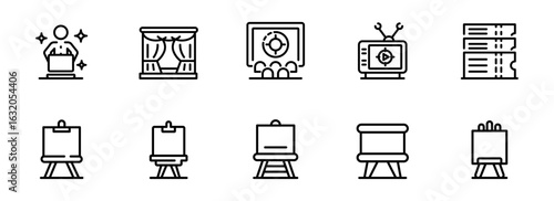 Collection of Modern Line Icons: Presentation, Stage, Screen, Television, Tickets, and Easels; Clean, Minimalist Style; Professional and Versatile Design for Business and Marketing.