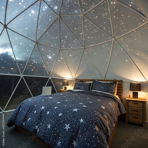 Bedroom inside a geodesic dome with star lights and star patterned bedding and bedside tables lamps