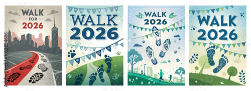 Set of four posters promoting Walk 2026 with unique designs and themes