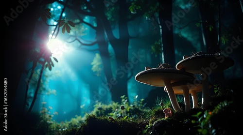 Enchanted Forest: Sunbeams pierce through the mystical fog of a primeval forest, illuminating the landscape and highlighting delicate mushroom clusters