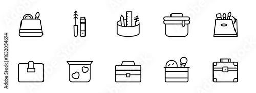 Collection of Minimalist Line Art Icons: Bags, Cases, and Makeup;  Stylish Black and White Vector Graphics for Website, App, or Branding Design.