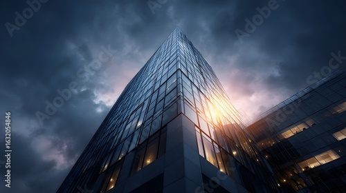 Dramatic glass clad modern office building against a stormy sky