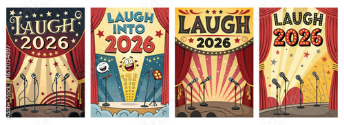 Set of four posters showcasing vibrant designs for Laugh 2026