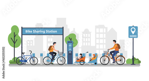 Urban cyclists using city bike sharing station with family-friendly options