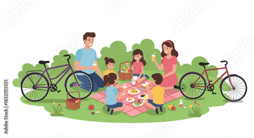 Happy family picnic outdoors with bicycles and picnic blanket on green lawn