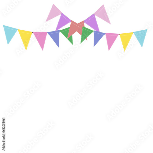 Greeting or Birthday party invitation with carnival,bunting flag garlands. Part decorating concept with colorful hanging above. Happy birthday.  with copy space for your text.