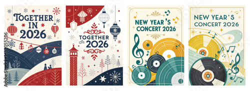 Set of four festive posters for New Year's Concert 2026 with music themes