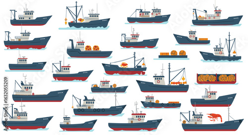 Diverse fishing vessels collection: vibrant marine life and industrial fishing boats