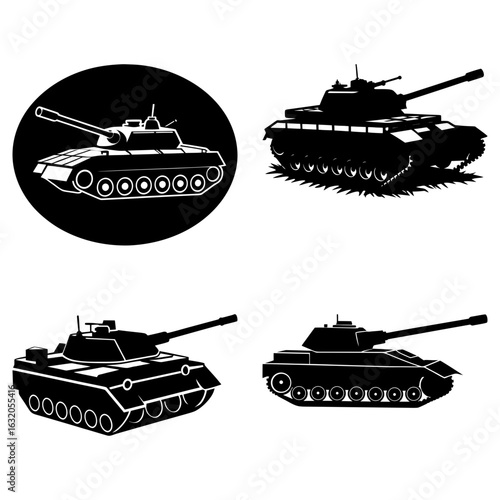 Four different tank silhouettes in black and white showing military vehicles and armored warfare designs