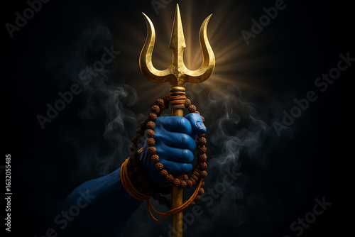 Golden trident in mahadev hand surrounded by rudraksha and smoke symbolizing power and devotion of shib chaturthi celebration of mahadev with divine glory