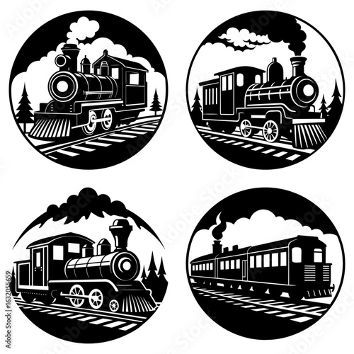 Four circular train icons featuring steam locomotives with carriages and railroad tracks in black and white