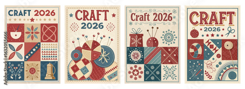 Set of four posters featuring retro craft fair designs with quilts and flowers