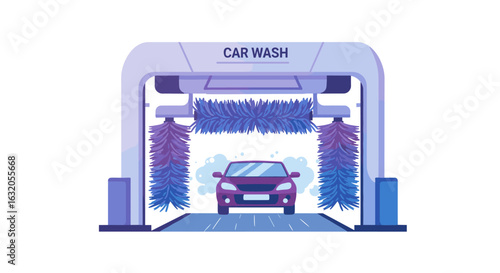 Modern car wash facility with automated cleaning brushes in flat design