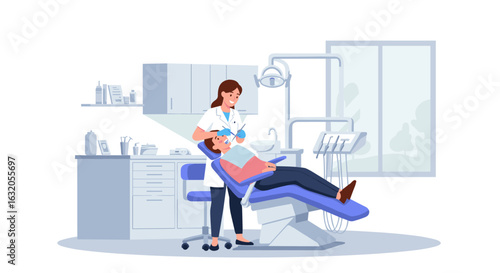 Dental checkup in modern clinic: patient receiving oral care from dentist