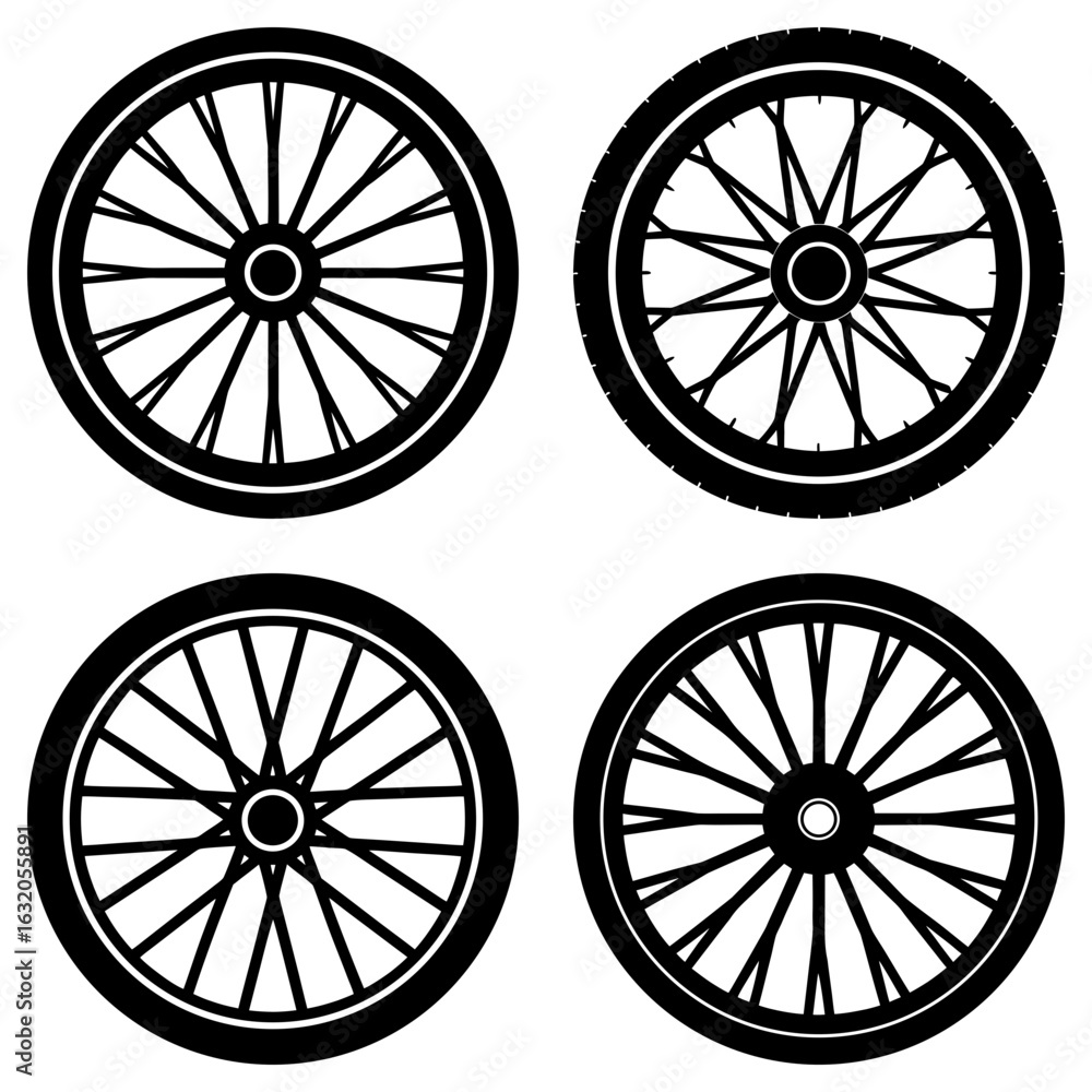 Fototapeta premium Four bicycle wheels with spokes and tires arranged in a square pattern on a white background image