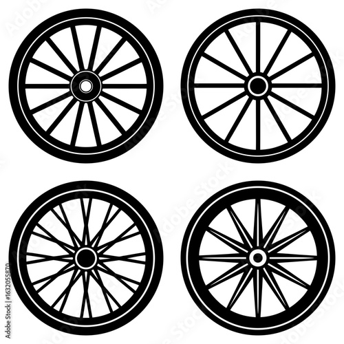 Four black and white wagon wheels with different spoke designs in a symmetrical arrangement on white
