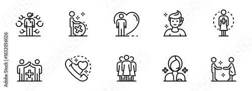 Modern Line Icons: Healthcare, Teamwork, Customer Support, and Positive Relationships;  Clean, Minimalist Style;  Friendly, Approachable Mood.