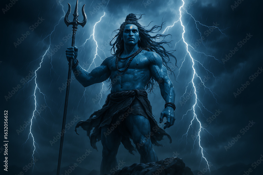 Fototapeta premium Fierce form of mahadev holding trident during lightning storm symbolizing divine power and destruction energy on sacred shib chaturthi celebrating force of mahadev