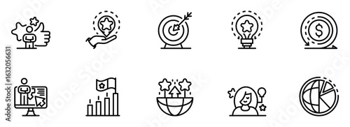 Modern Line Icons:  Success, Achievement, Goals, Innovation, Finance, and Global Growth;  Positive, Motivational, and Business-Oriented Design.