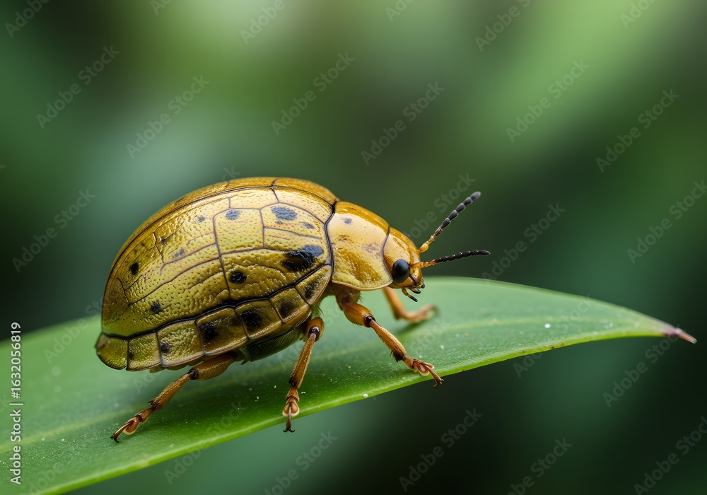 Naklejka premium A closeup shot of a yellow beetle with black spots crawling on a vibrant green leaf in its natural habitat, showcasing the beauty of wildlife