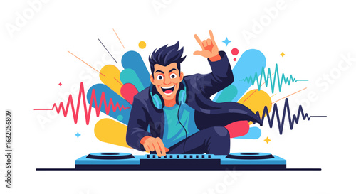 Energetic DJ rocking the party with hands up, creating vibrant music beats and lively atmosphere
