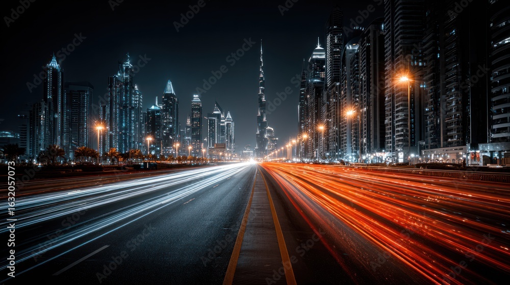 Obraz premium Night cityscape, highway with light trails