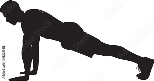 Black silhouette of a man doing a plank exercise on a white background fitness