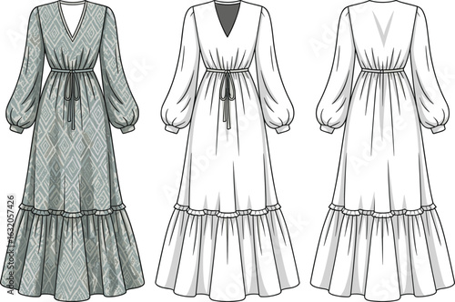 Boho maxi dress technical sketch, long sleeve, tiered hem, V-neck, drawstring waist, fashion flat, vector garment design