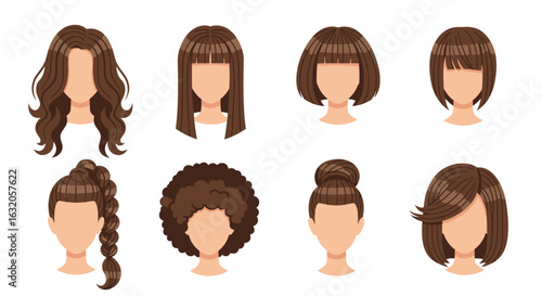 Diverse female hairstyles showcased, from sleek bobs to voluminous curls and elegant updos