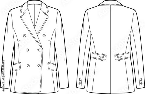 Double breasted women’s blazer fashion flat sketch, front and back view, tailored coat illustration, vector garment template, technical drawing