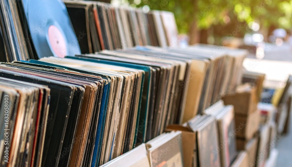 Obraz premium Vintage Vinyl Records Stacked Close Up 