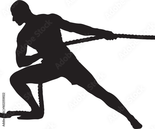 Black silhouette of a man pulling a rope in a tug of war strength competition