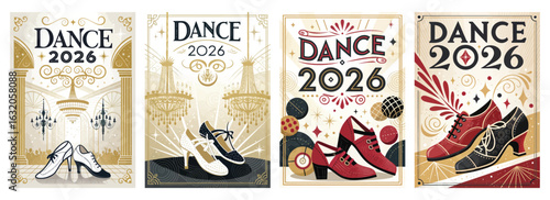 Set of four posters featuring vintage dance shoes with art deco designs