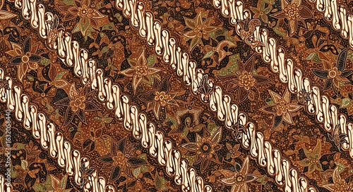 Intricate floral batik pattern with diagonal ornamentation creating a vintage effect