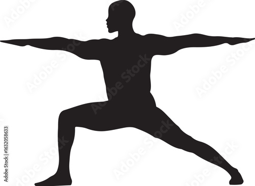 Black silhouette of a person in a yoga warrior pose human