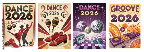 Set of four posters celebrating Dance 2026 with retro dance elements