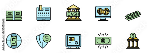 Global Finance Icons:  Cash, Banking, Investment, and Secure Online Transactions;  Flat Design Style;  Vibrant, Positive Mood.