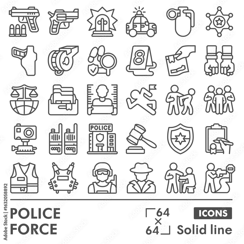Fototapeta premium Police force symbols collection or sketches, law and order theme in line style signs for web and app. Vector graphics isolated on white background.
