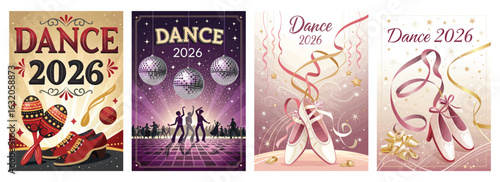 Set of four posters featuring vibrant dance shoes disco balls and dancers