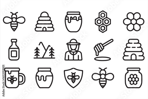 Simple vector icons of honey production, bees, and natural products