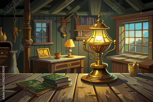 vector of A vintage brass table lamp that illuminates a wooden table in a rustic interior during the night. This vintage and antique lamp...