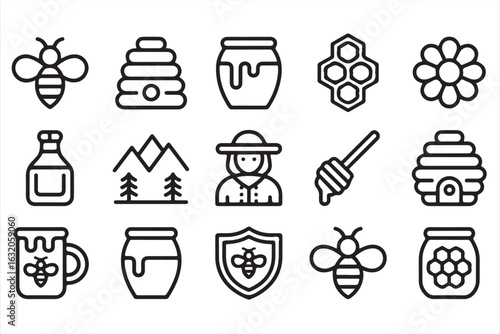 Vector icons of bees, honey, and beekeeping tools for farm design